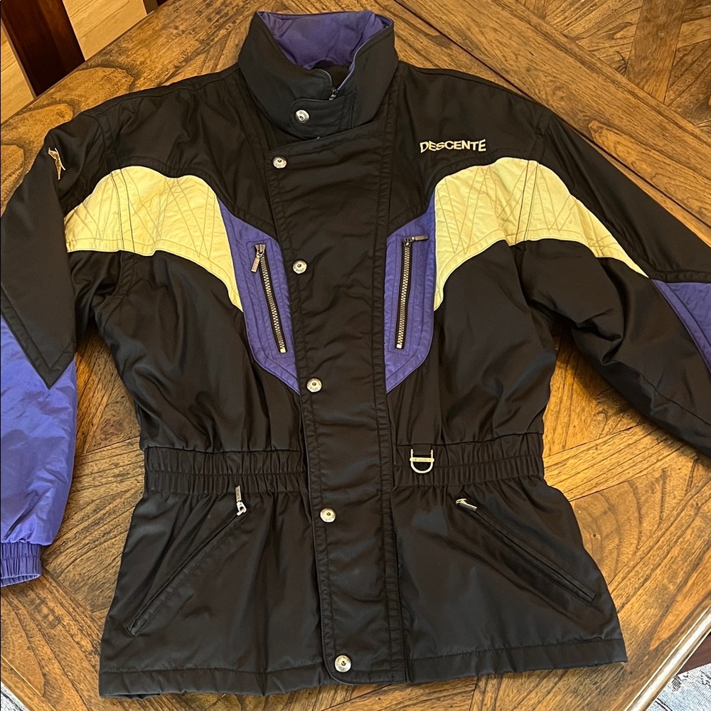 Vintage Descente Black/Purple Ski/Snowboard Coat, Unisex, Pockets, Hood, Sz XL